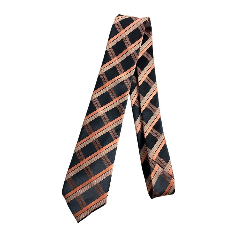 Retro Orange Plaid Neck Tie For Men Striped Black Formal Suit Tie Business
